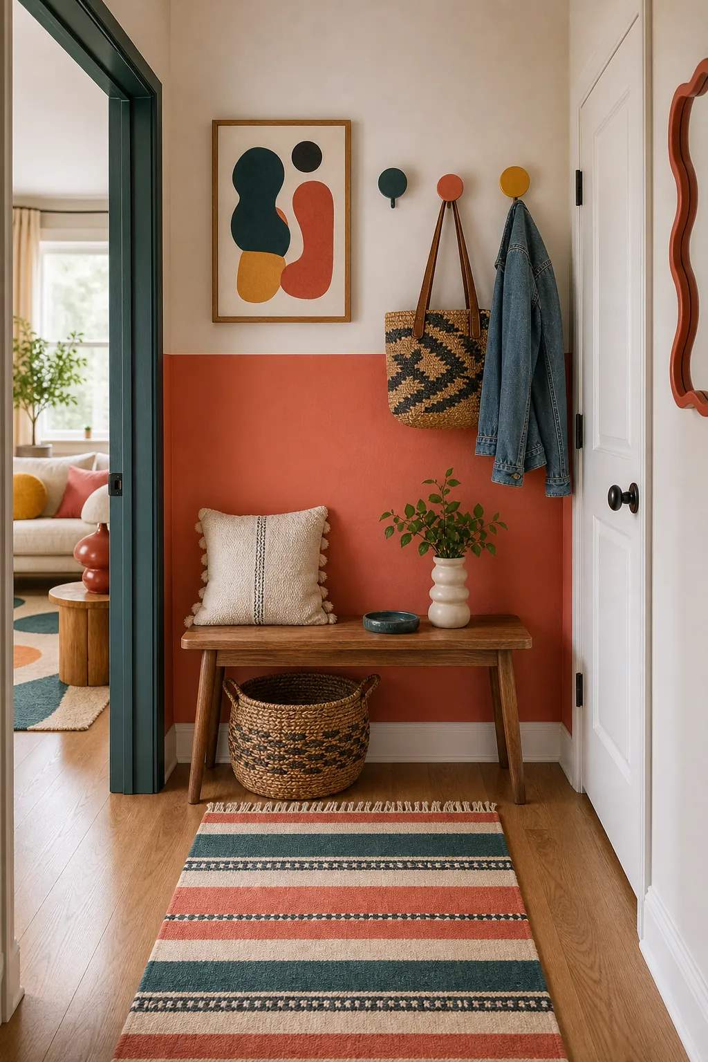 Playful painted entryway with funky decor, colorful hooks, and natural textures