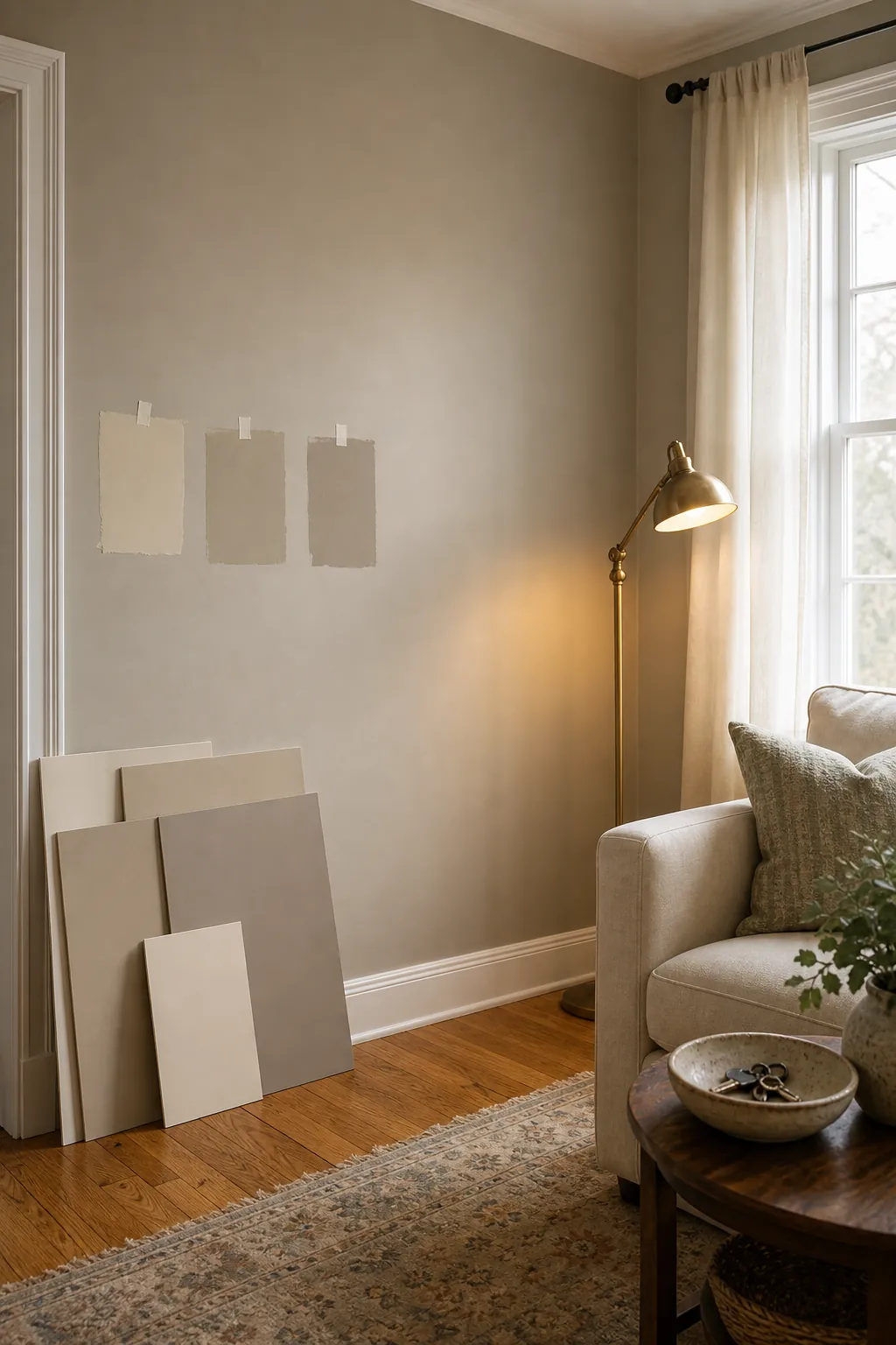 Warm neutral living room paint samples beside oak flooring and cream furniture