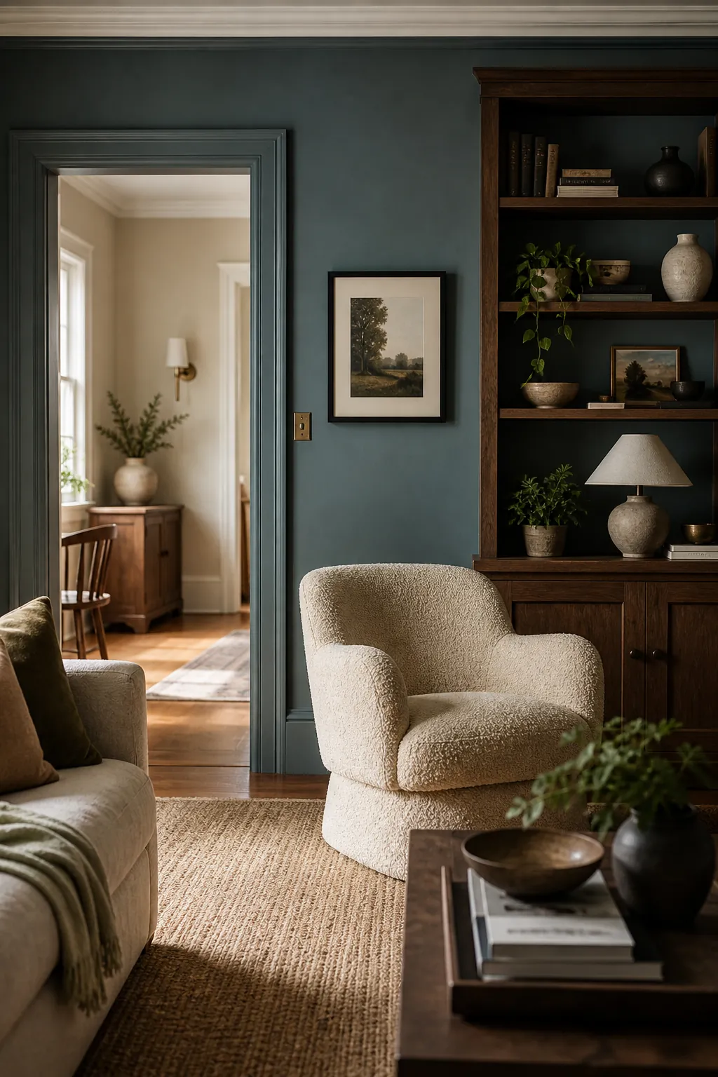 Muted blue green living room walls with warm wood shelves and neutral upholstery
