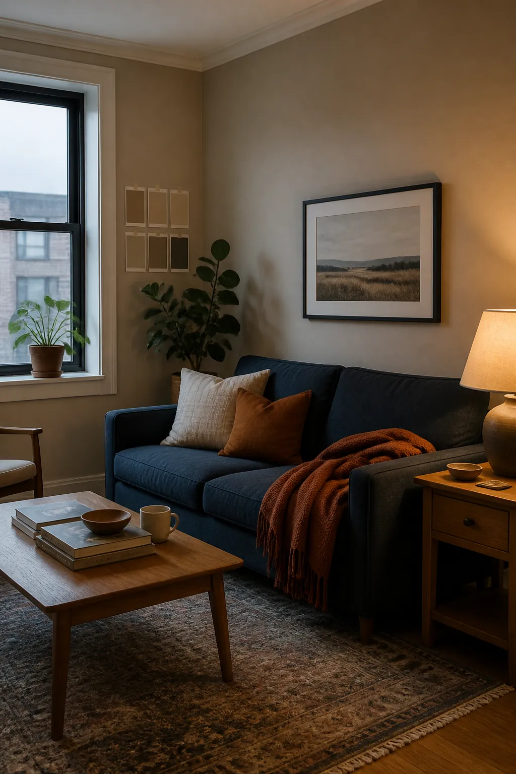 Low light living room with sandy warm wall color, blue gray sofa, and cozy lamps