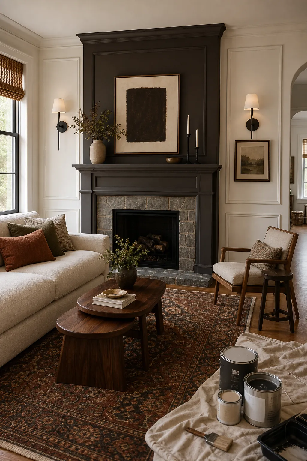 Deep brown charcoal fireplace accent wall with warm white trim and layered living room decor