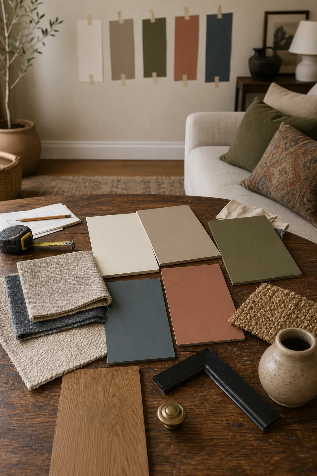 Living room color palette samples with fabric, wood, rug, brass, and decor swatches
