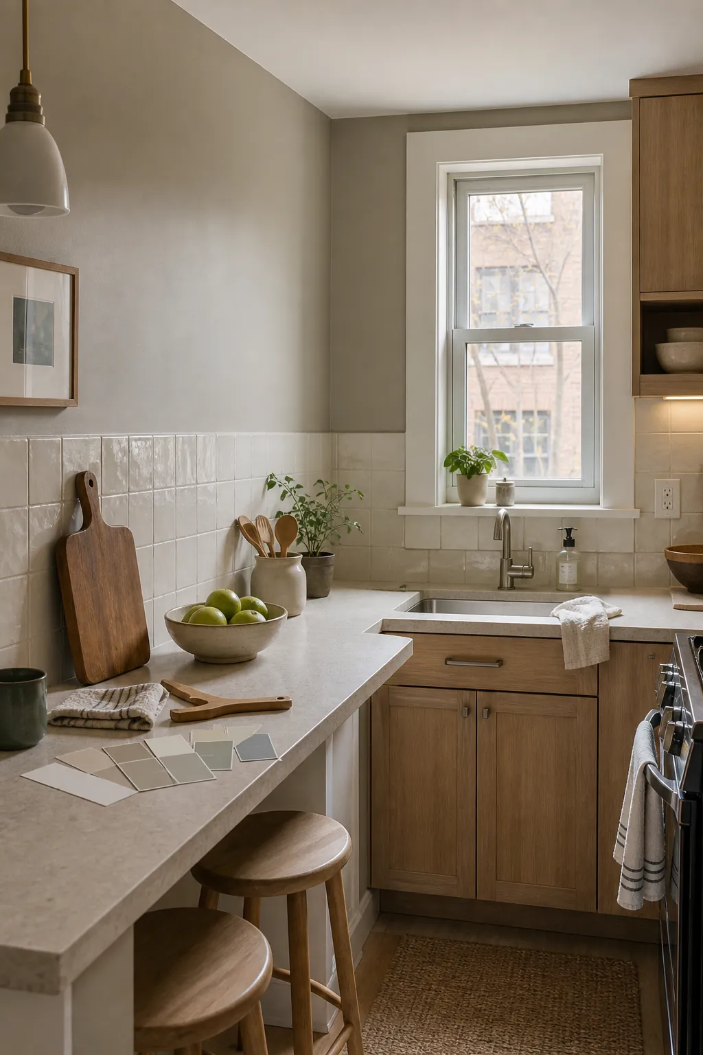 Small kitchen corner with soft greige walls matched to fixed finishes