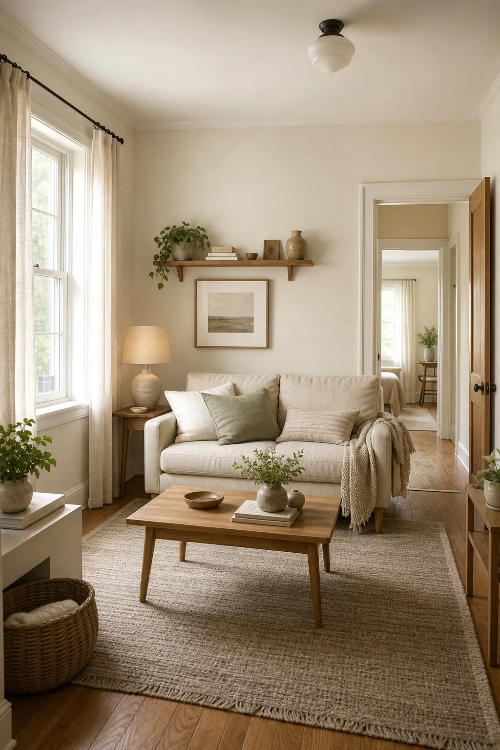 Warm off-white small living room with light walls that bounce daylight