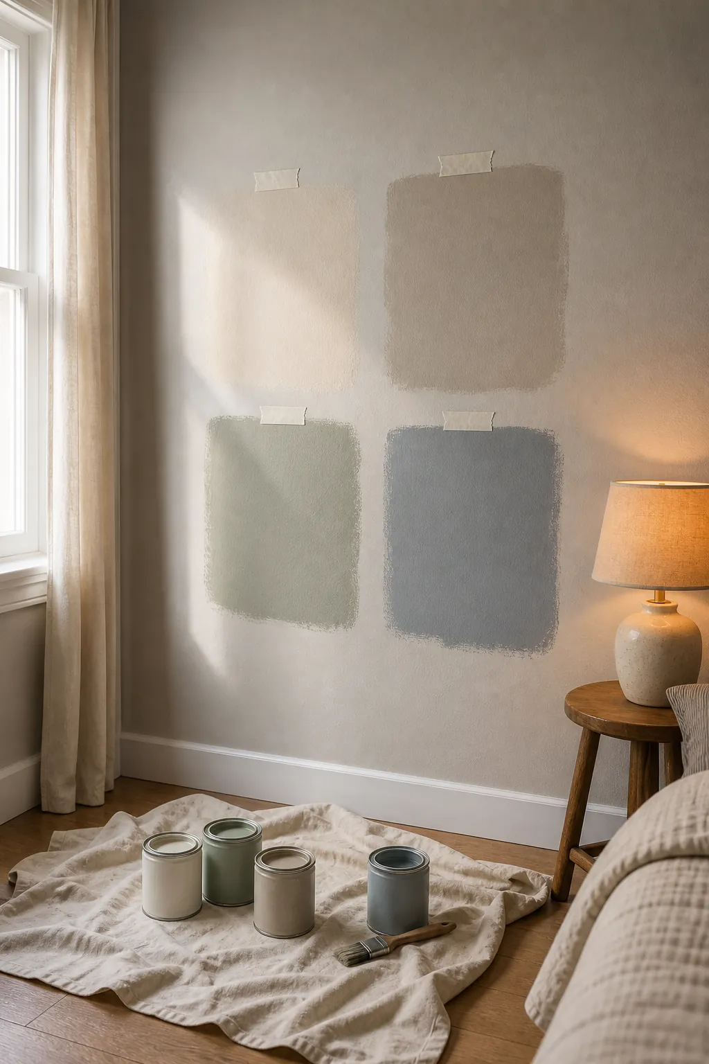 Paint samples tested on small room walls in daylight and lamplight