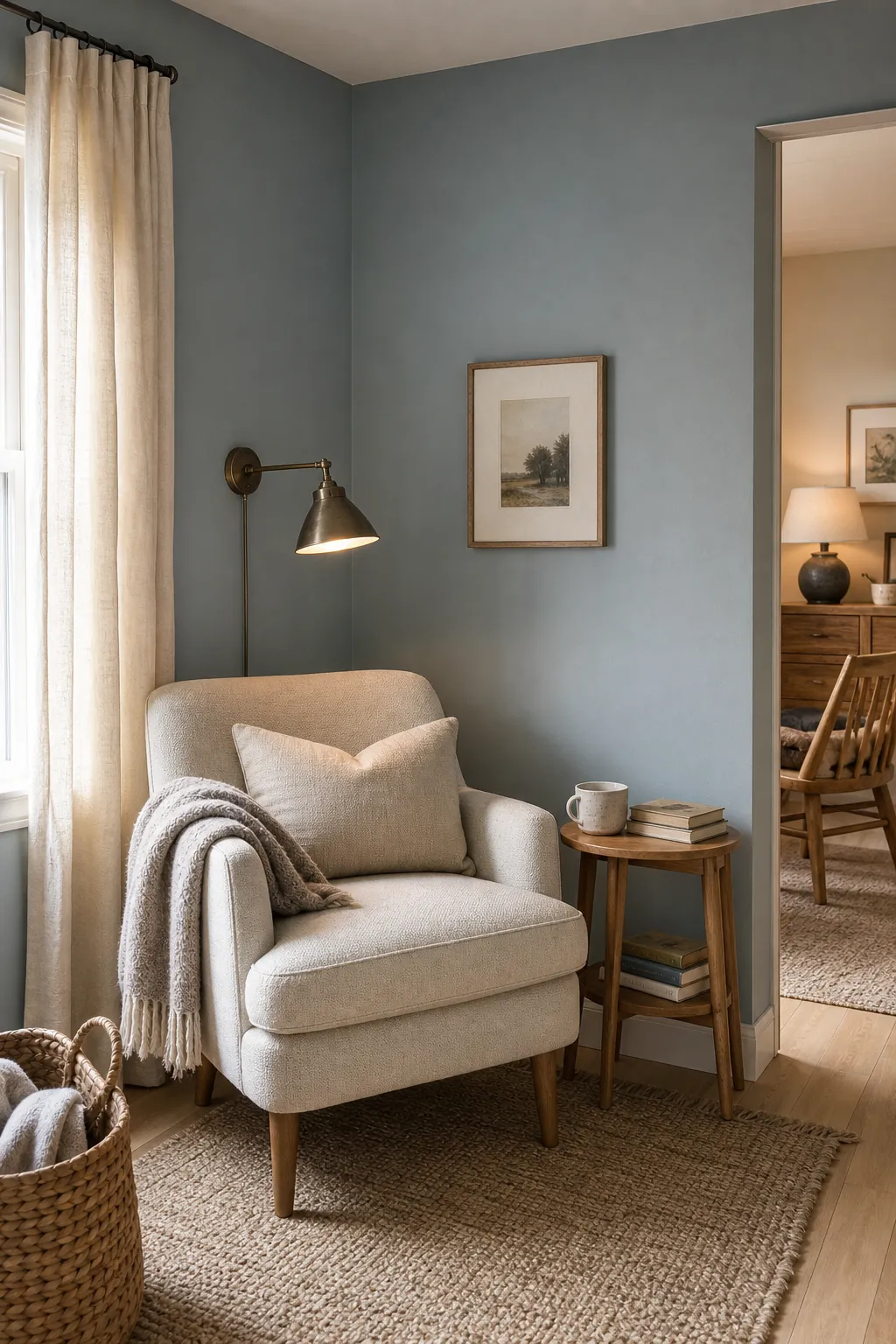 Muted blue-gray reading nook balanced with warm wood and cream textiles