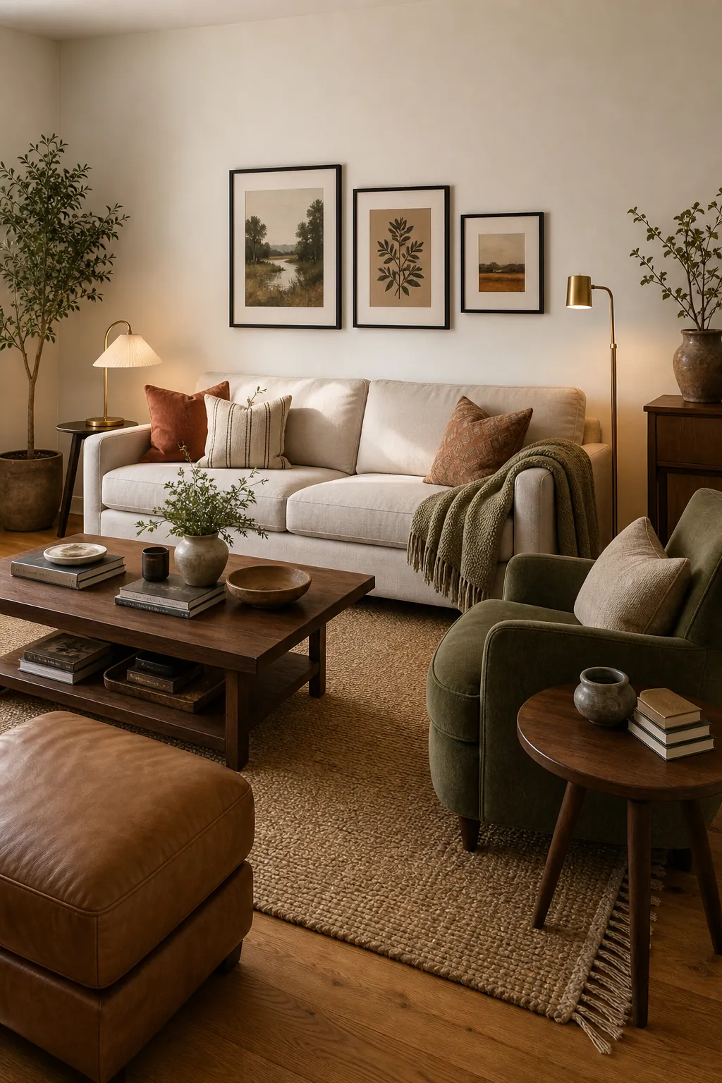 Layered living room colors with warm white walls, green chair, camel ottoman, and clay accents