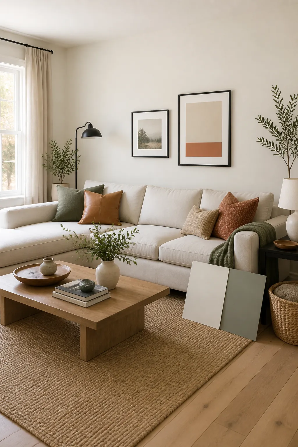 Warm white living room base color with cream sofa, oak floors, and soft accent colors