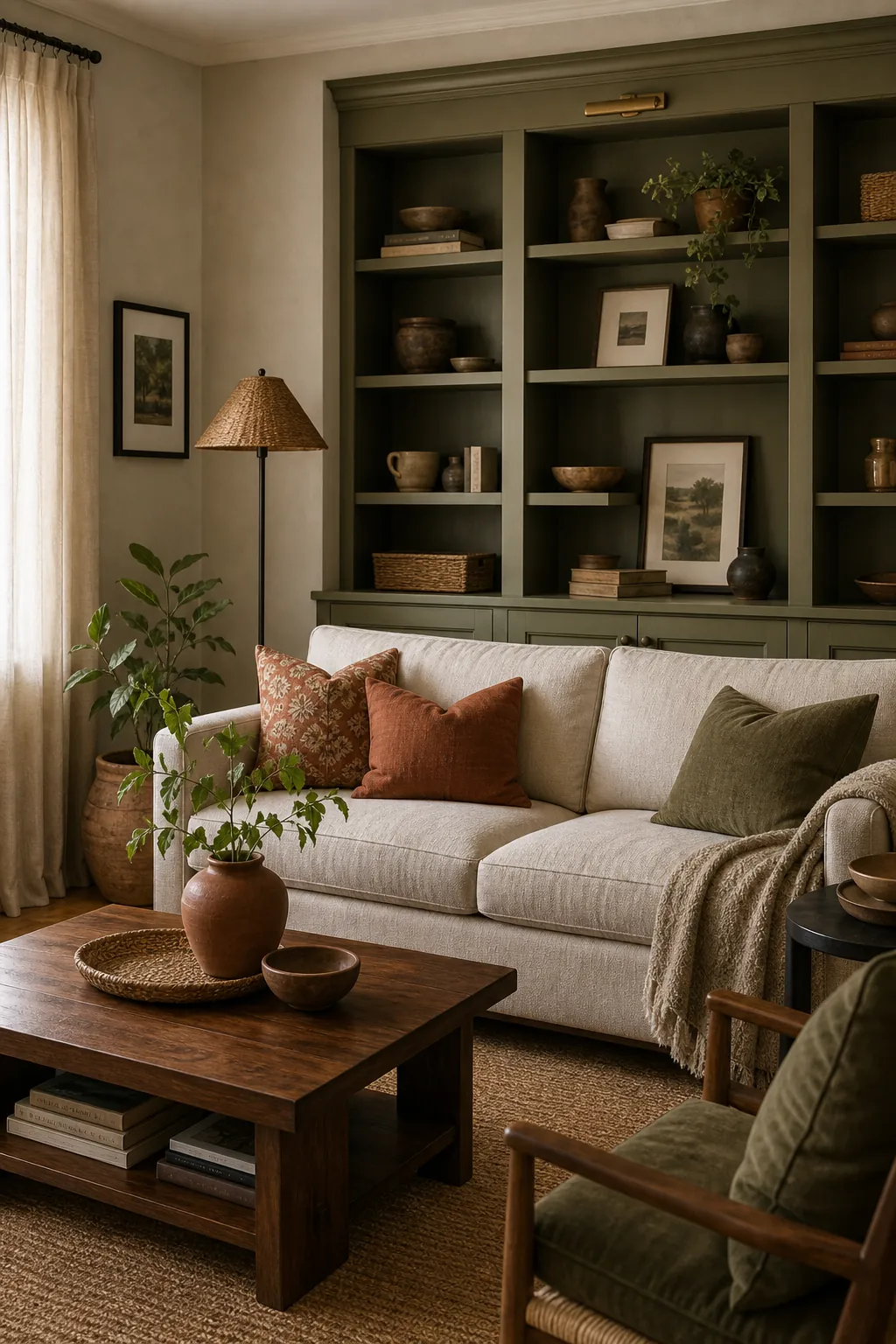 Earthy living room colors with olive built-ins, rust pillows, walnut wood, and natural textures
