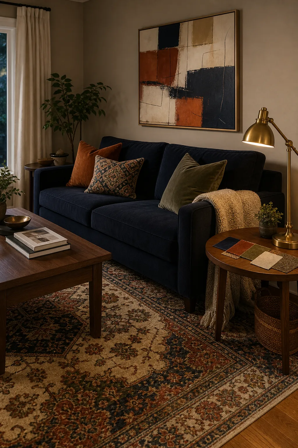 Living room color combination with navy sofa, mushroom walls, patterned rug, rust, olive, and brass accents
