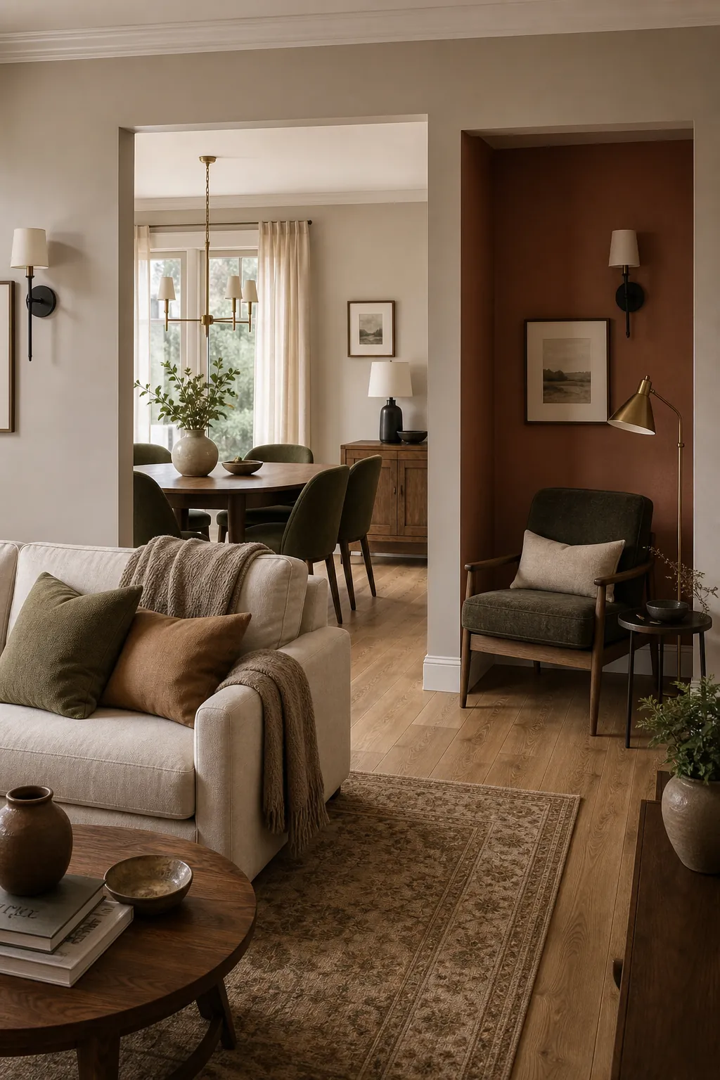 Open living and dining area with warm greige, clay, and olive color zones