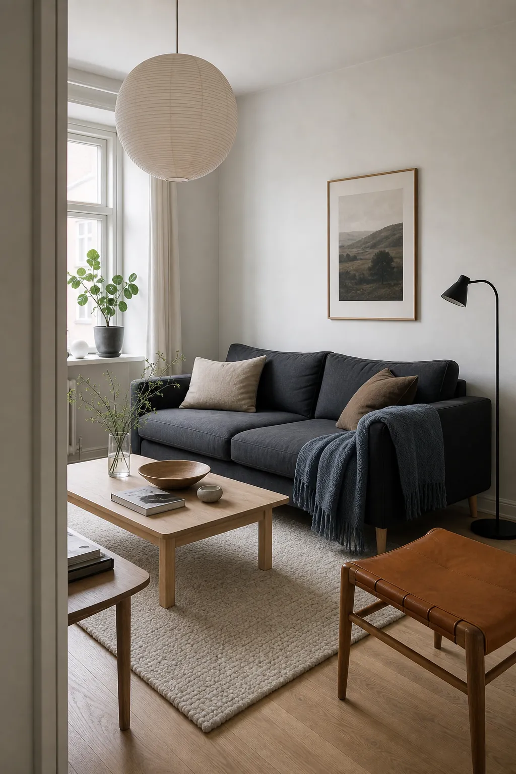 Scandinavian living room color palette with white walls, charcoal sofa, oak wood, and blue gray accents