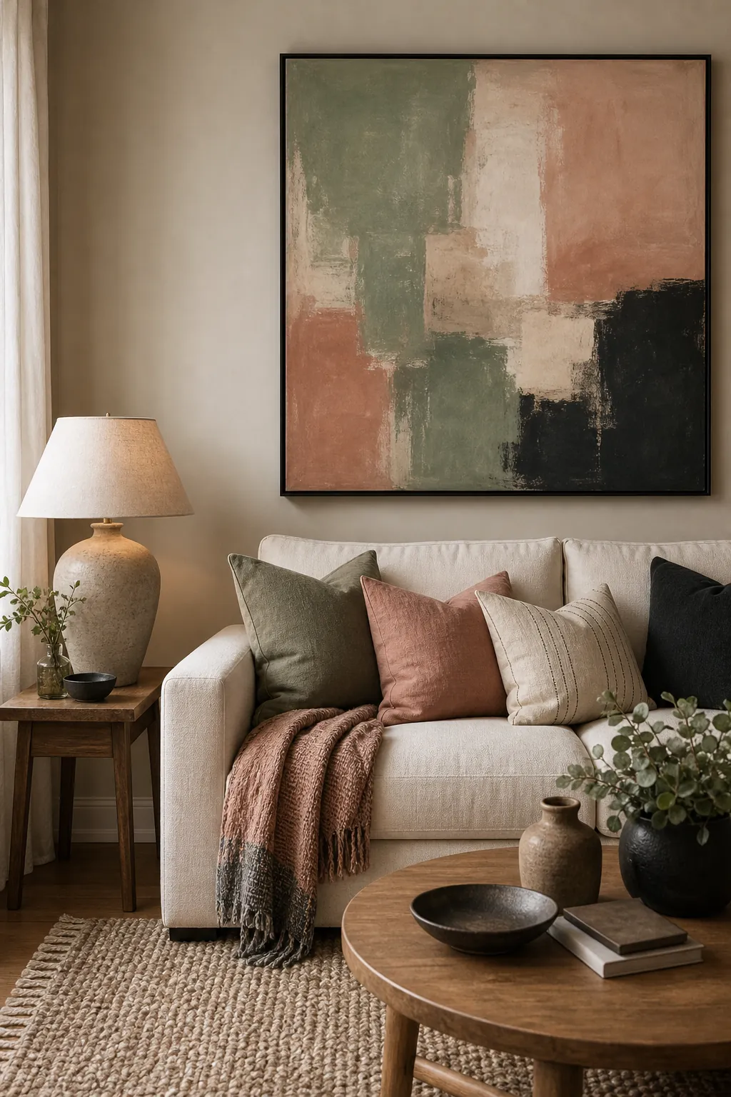 Living room colors pulled from abstract artwork with sage, blush clay, cream, and charcoal accents