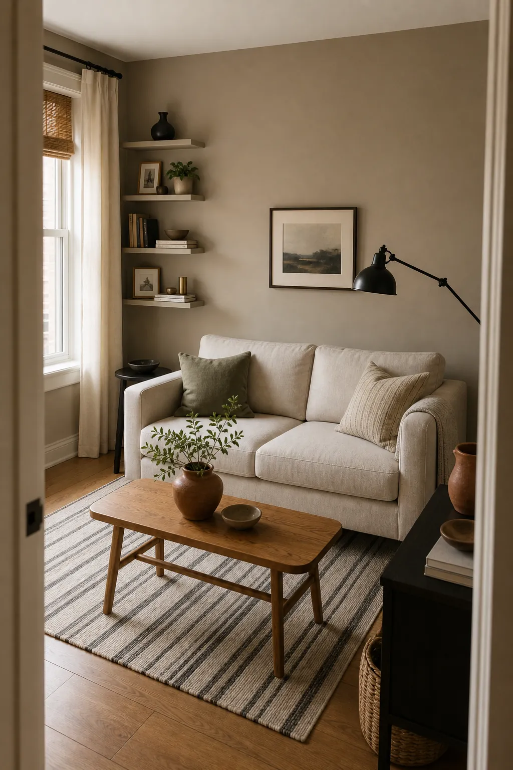 Small living room color idea with warm greige walls, cream loveseat, black lamp, and muted green accents