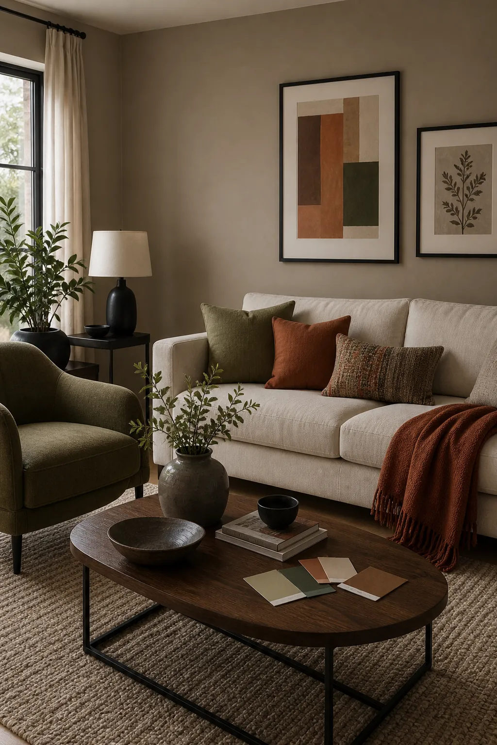 Modern living room color idea with taupe walls, cream sofa, olive chair, rust throw, and walnut table