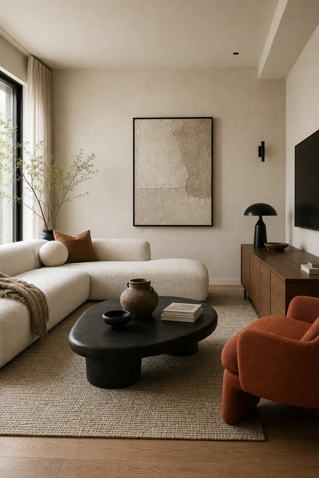 Modern living room colors with pale stone walls, cream sofa, black accents, walnut, and terracotta chair