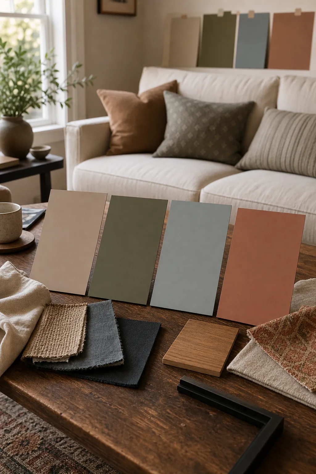 Living room color idea sample boards with fabric swatches, wood, and cream sofa in the background