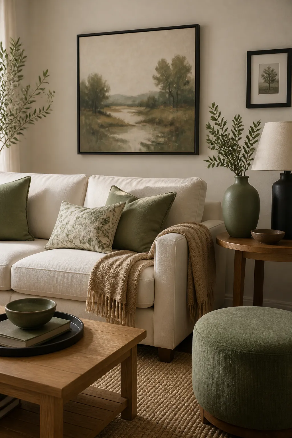 Living room decor colors repeated through sage artwork, pillows, vase, and ottoman