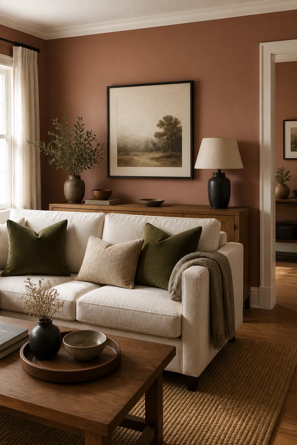 Muted clay living room wall color with warm white trim, cream sofa, olive pillows, and wood sideboard