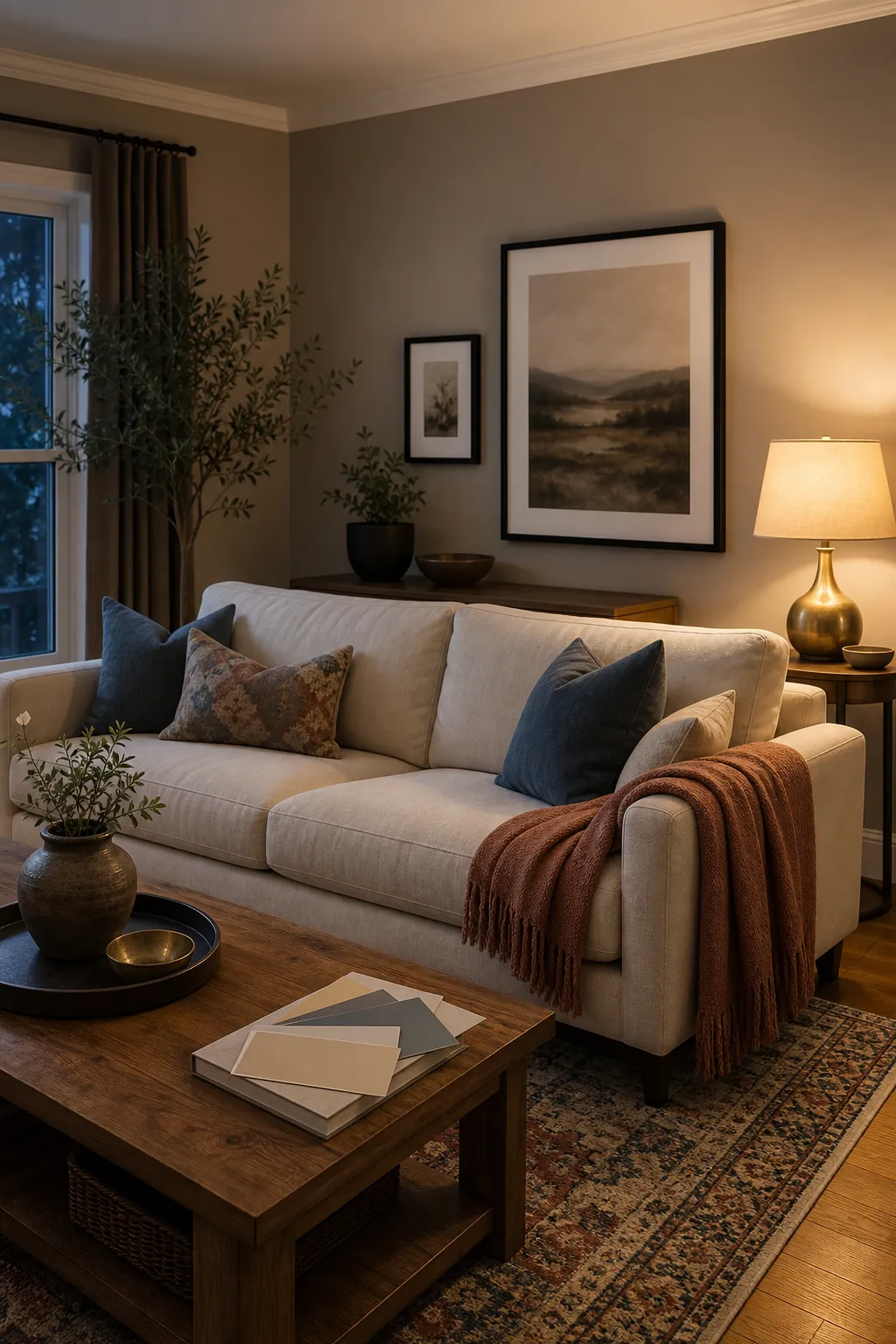 Finished living room palette with mushroom walls, cream sofa, patterned rug, blue gray pillows, clay throw, and warm lamp