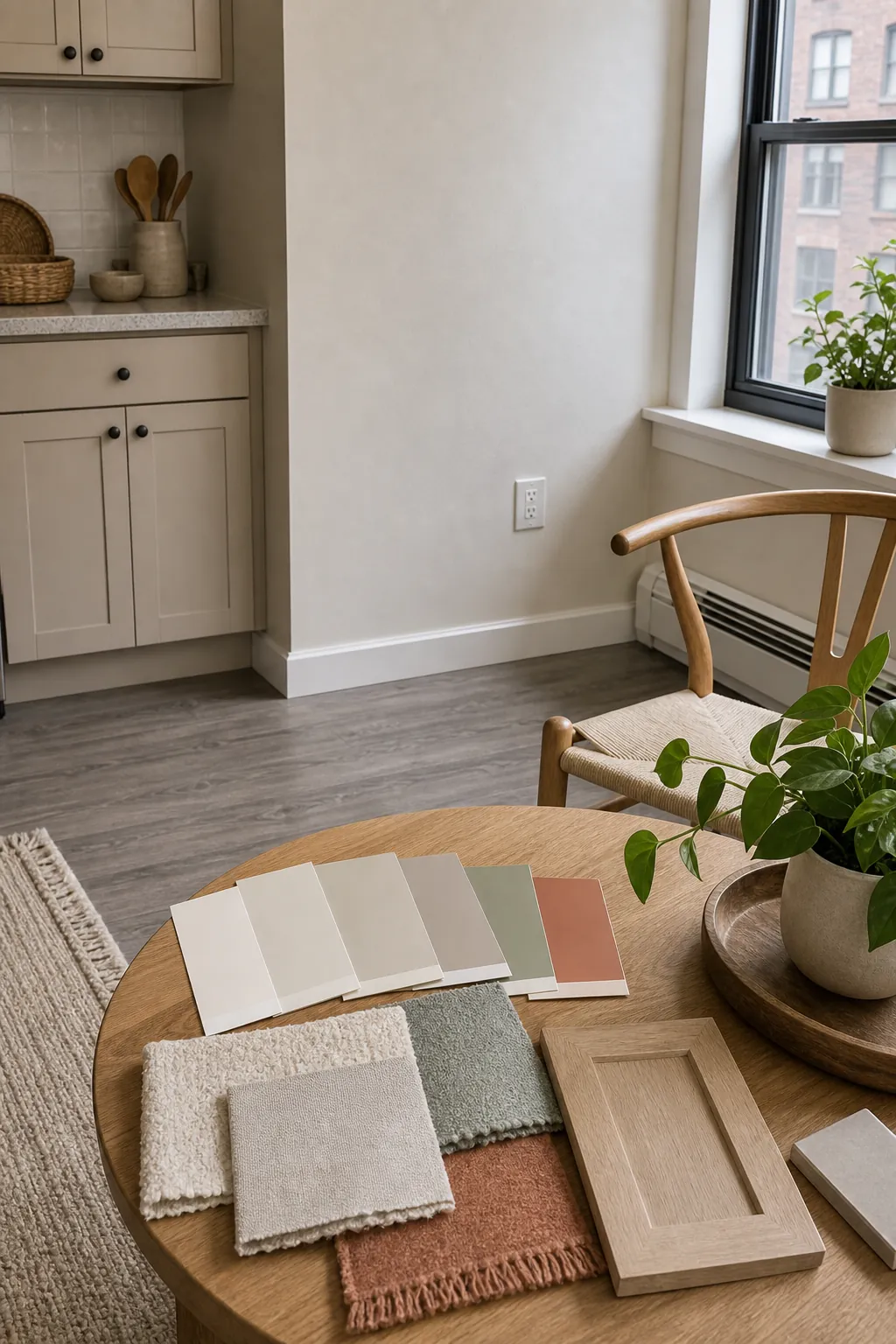 Small apartment paint samples checked against fixed flooring and cabinets