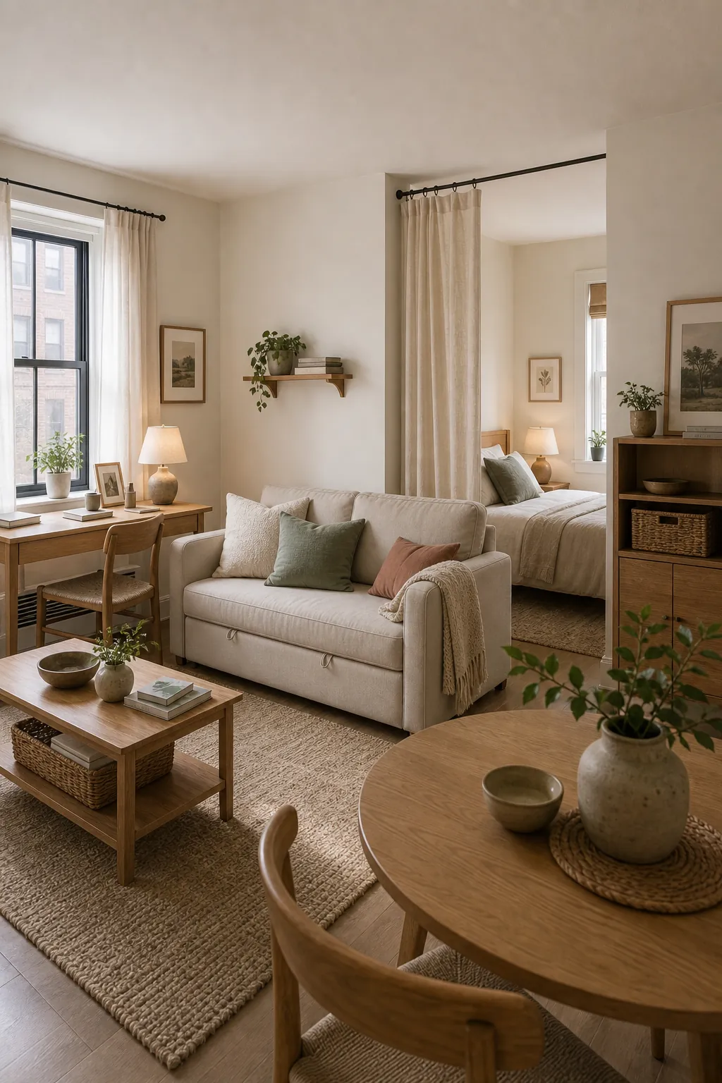 Small studio apartment with warm neutral walls and repeated light colors