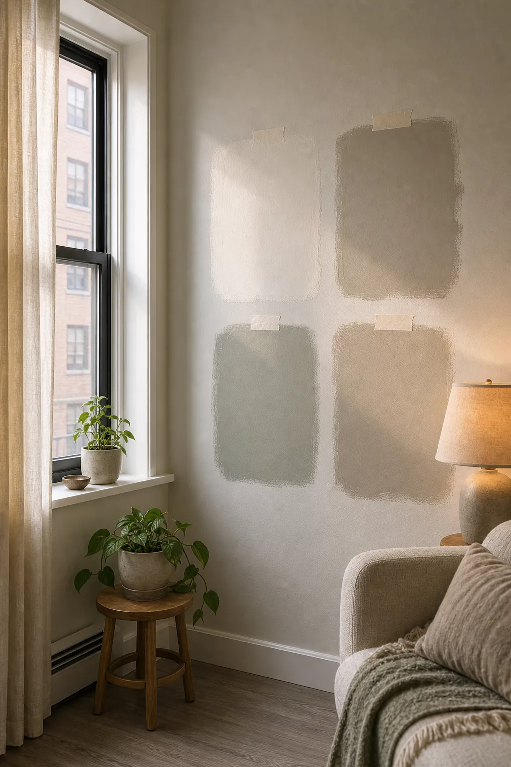 Apartment wall colors tested beside a window to compare undertones