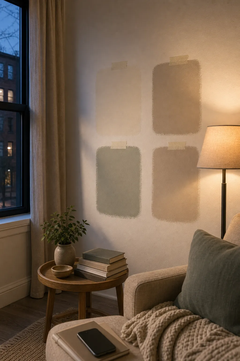 Small apartment color samples tested under warm evening lamplight