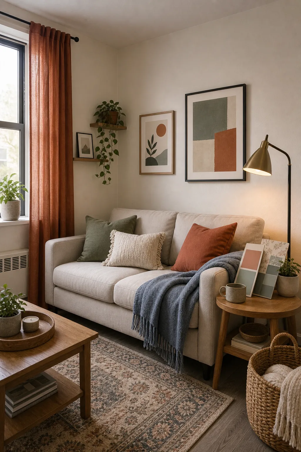 Renter friendly apartment colors added with curtains pillows rug and art