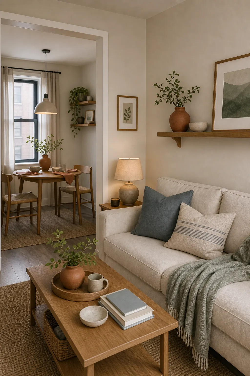 Small apartment decor repeating accent colors across living and dining zones