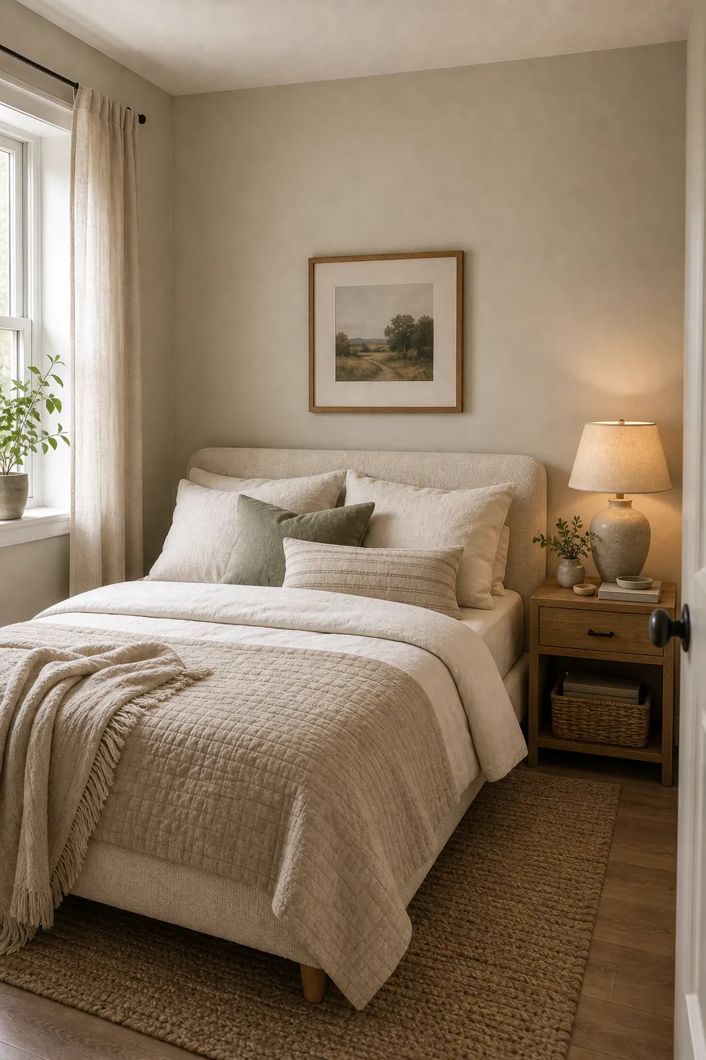 Small bedroom with warm neutral walls and cozy cream bedding