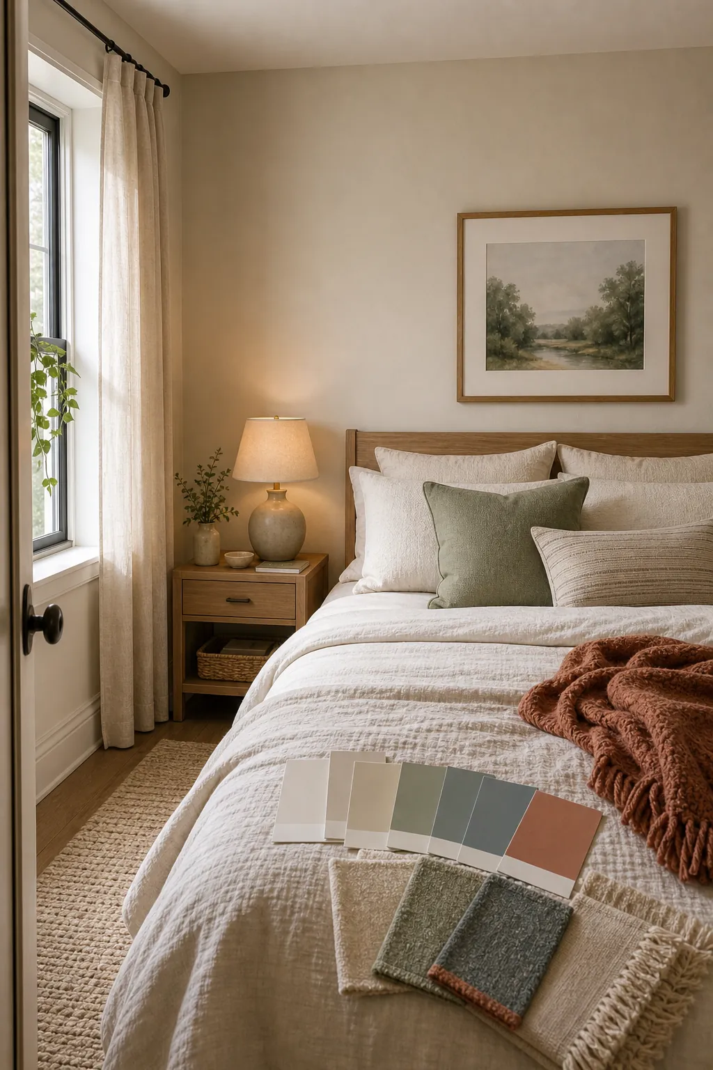 Calm small bedroom color palette with warm neutrals soft colors and cozy texture