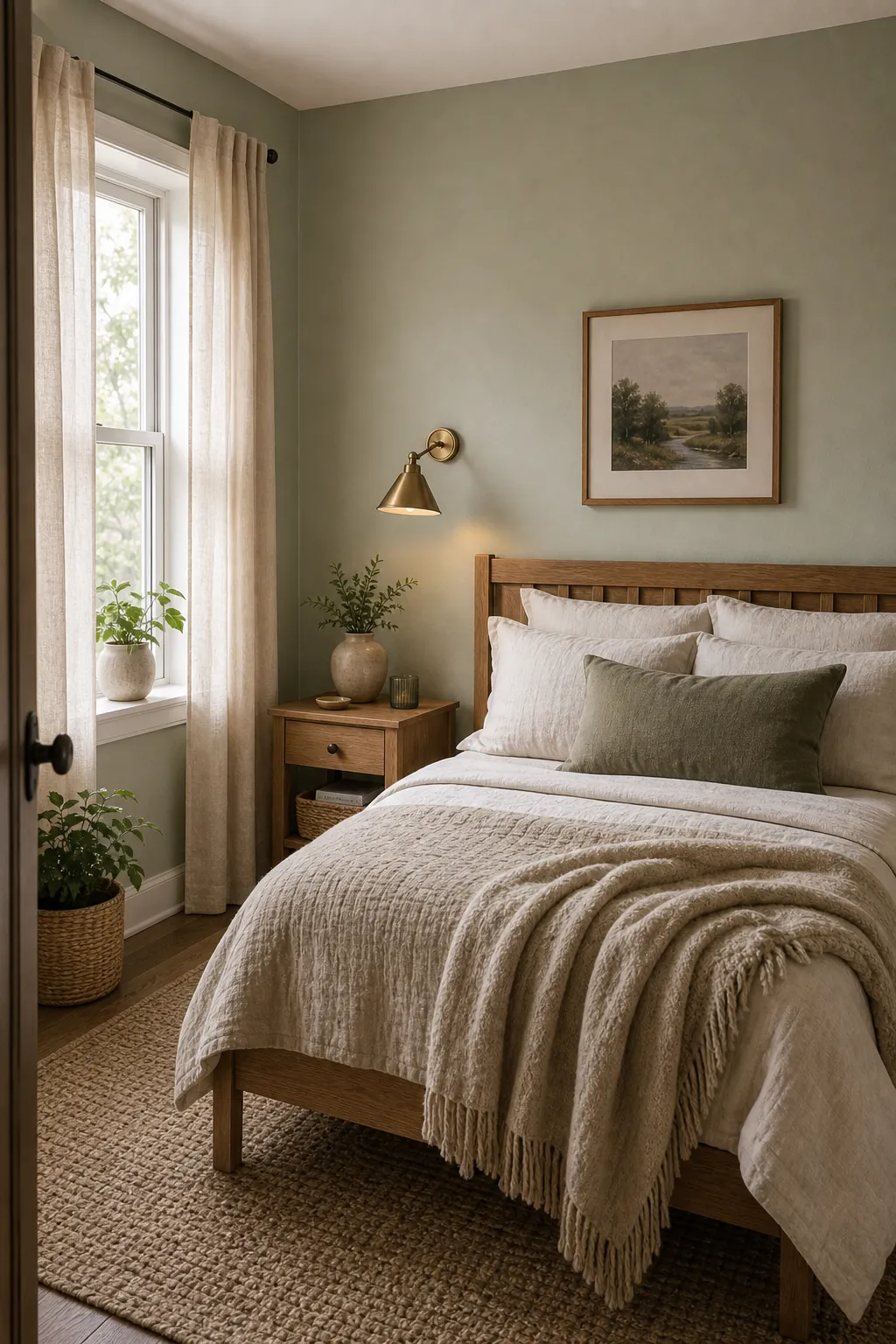 Pale sage small bedroom color with warm wood and cream textiles