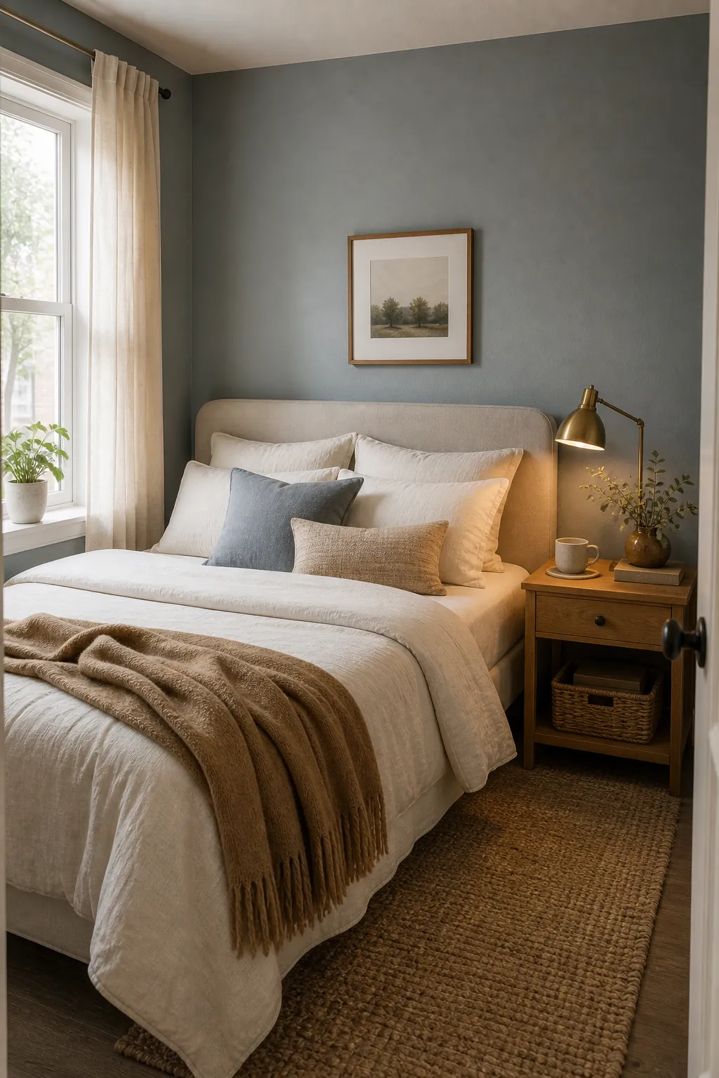 Muted blue gray small bedroom balanced with warm bedding and brass light