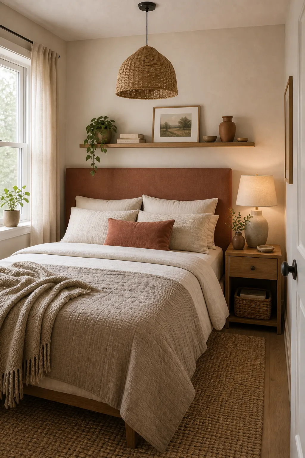 Dusty clay accent color warming a calm small bedroom palette