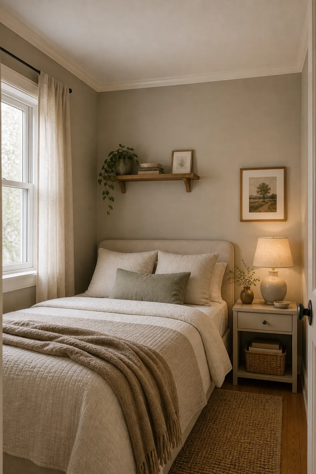 Small bedroom with soft wall trim and ceiling contrast for a calm palette