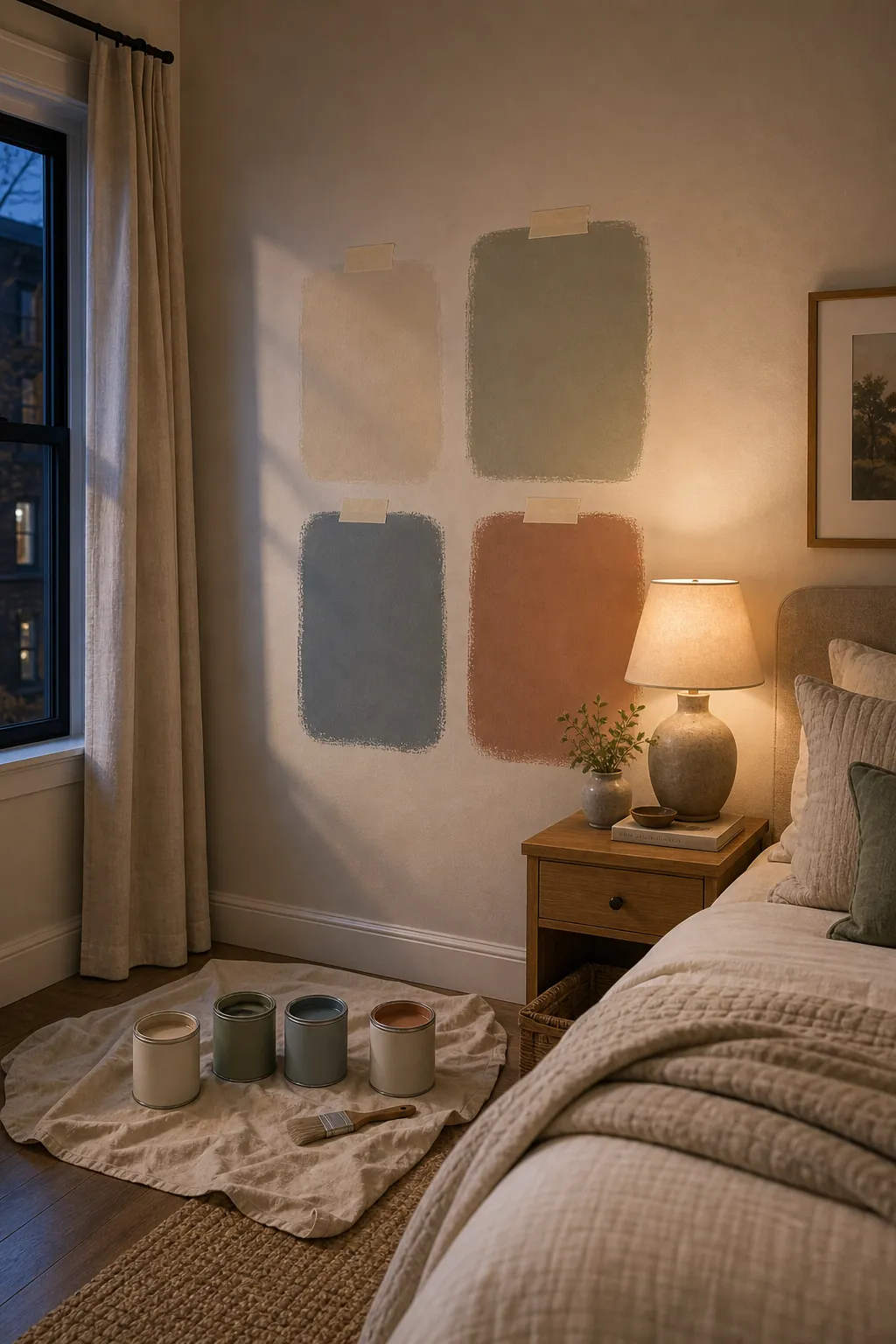 Small bedroom paint samples tested near bedding under evening lamp light