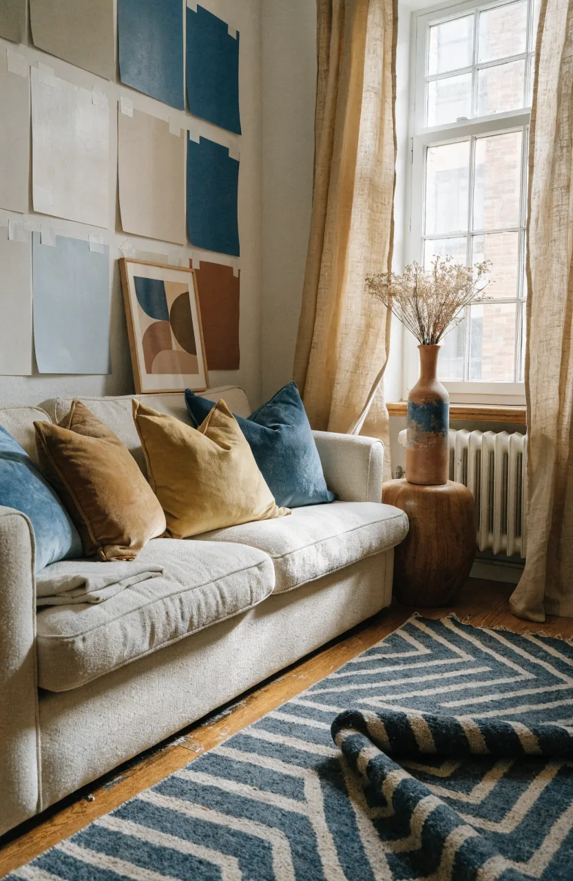 Living room palette built from a rug, artwork, wood tones, and wall paint samples