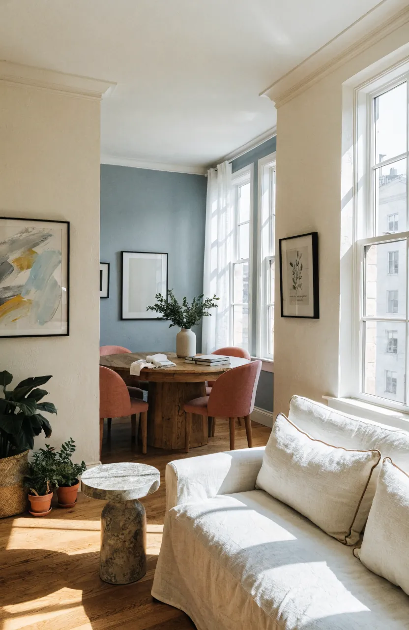 Open living and dining room using connected colors across both spaces