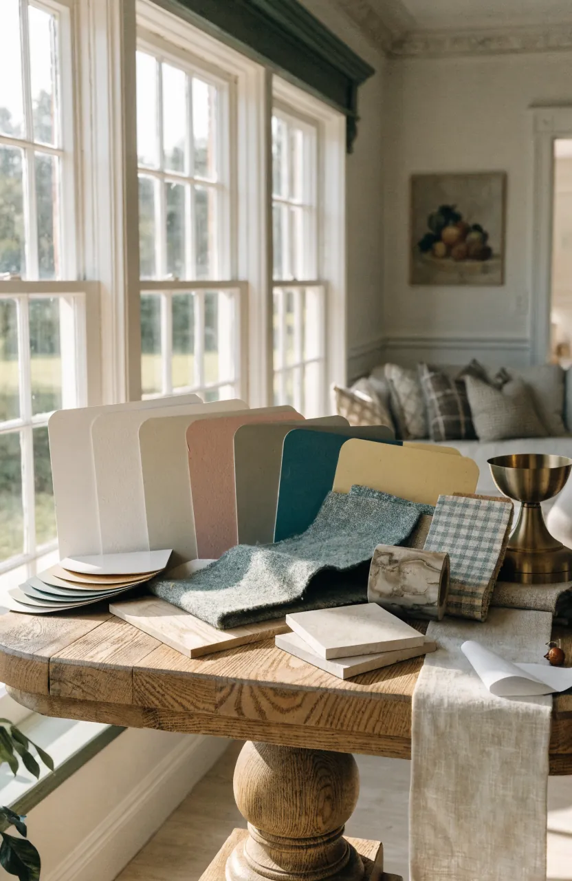 Paint swatches, fabric samples, and decor finishes for a cohesive room color combination