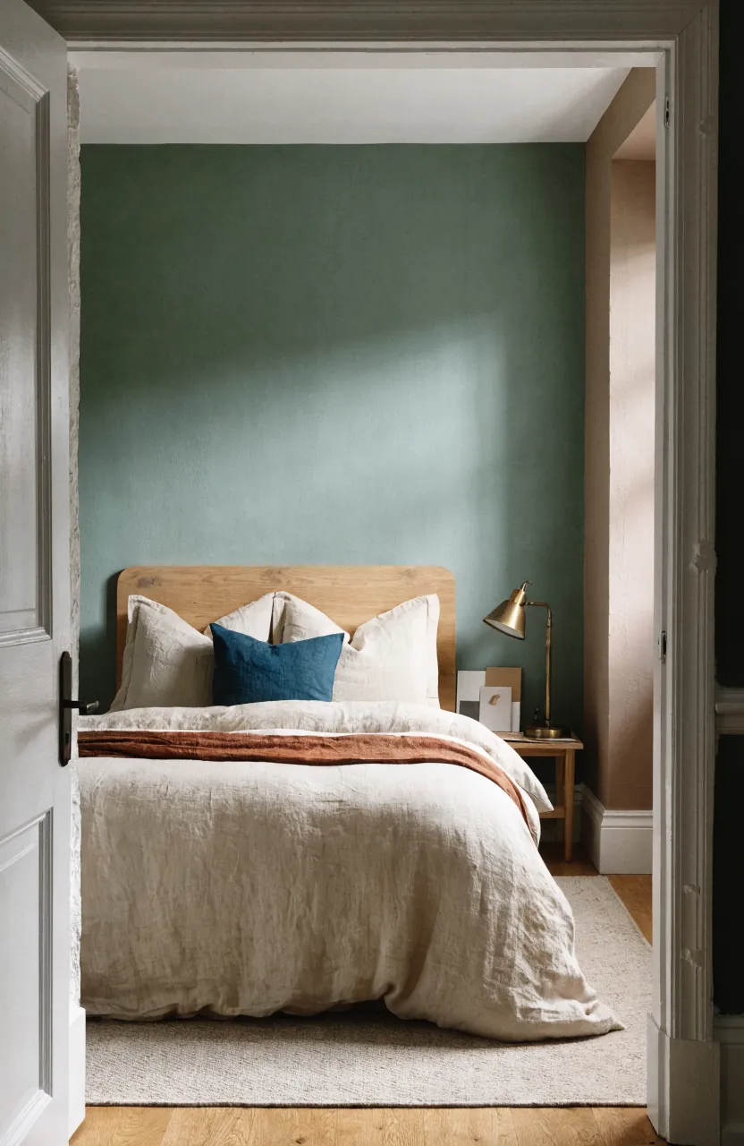 Bedroom with warm white, sage green, and clay accents for a two color wall combination