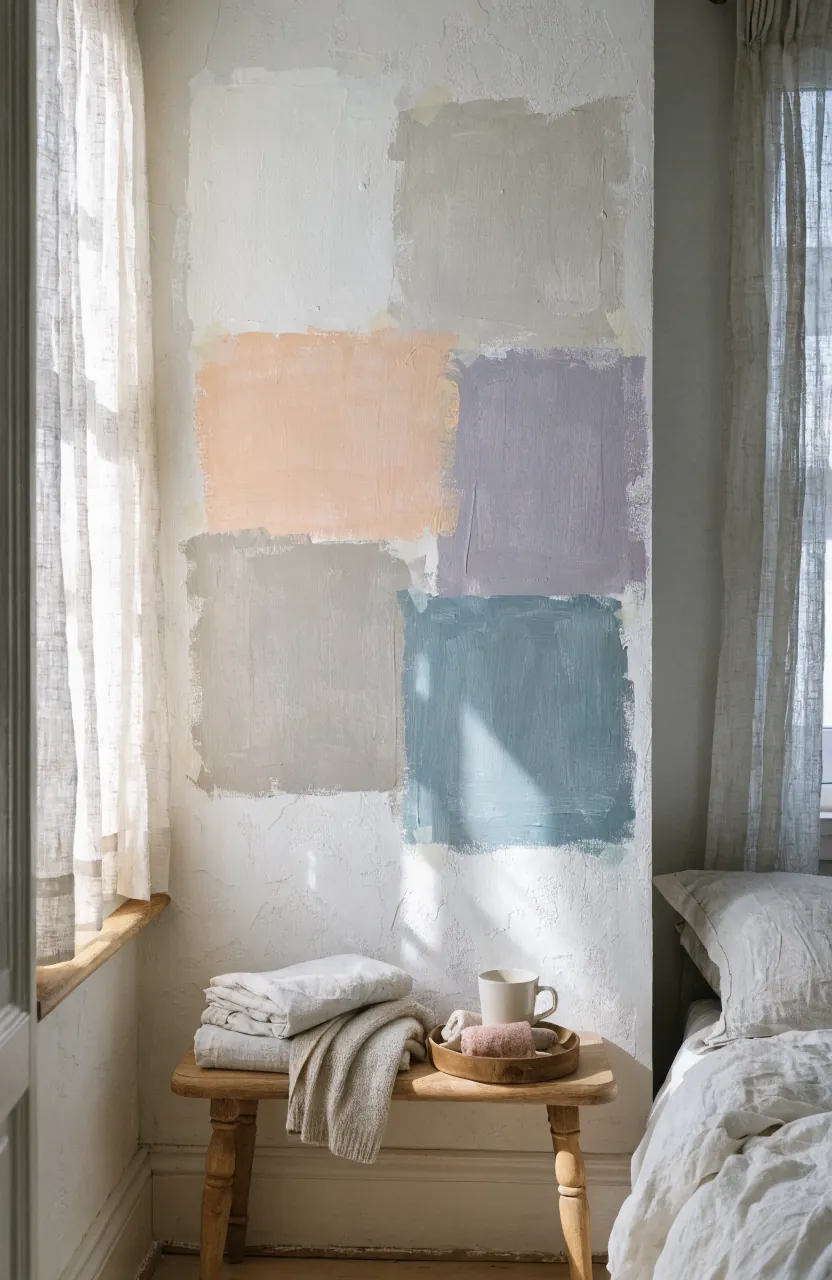 Large wall paint samples tested beside a bedroom window to compare undertones