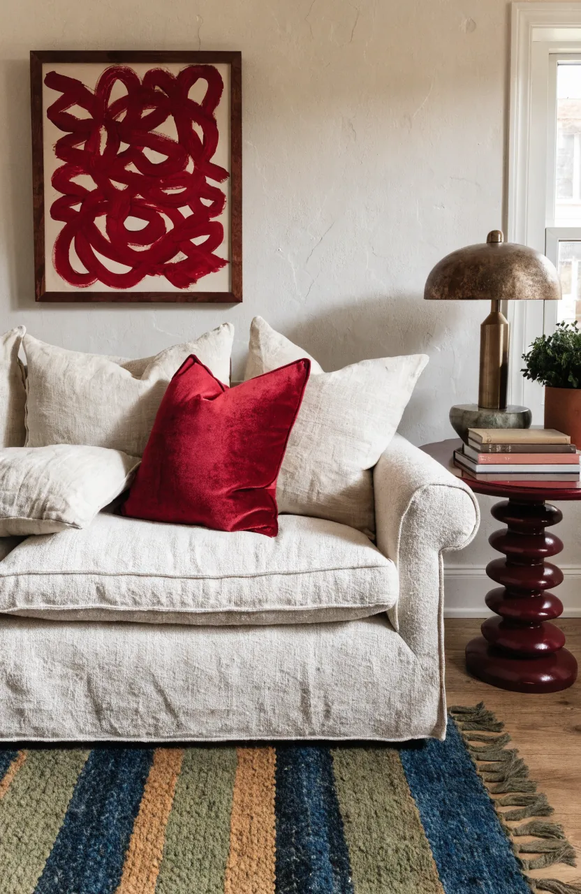 Colorful sofa corner repeating one bold accent color through art, pillows, and furniture