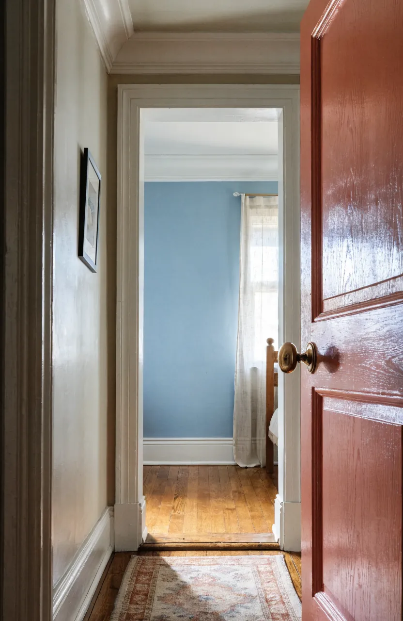 Hallway and bedroom doorway showing how white trim connects colorful wall colors