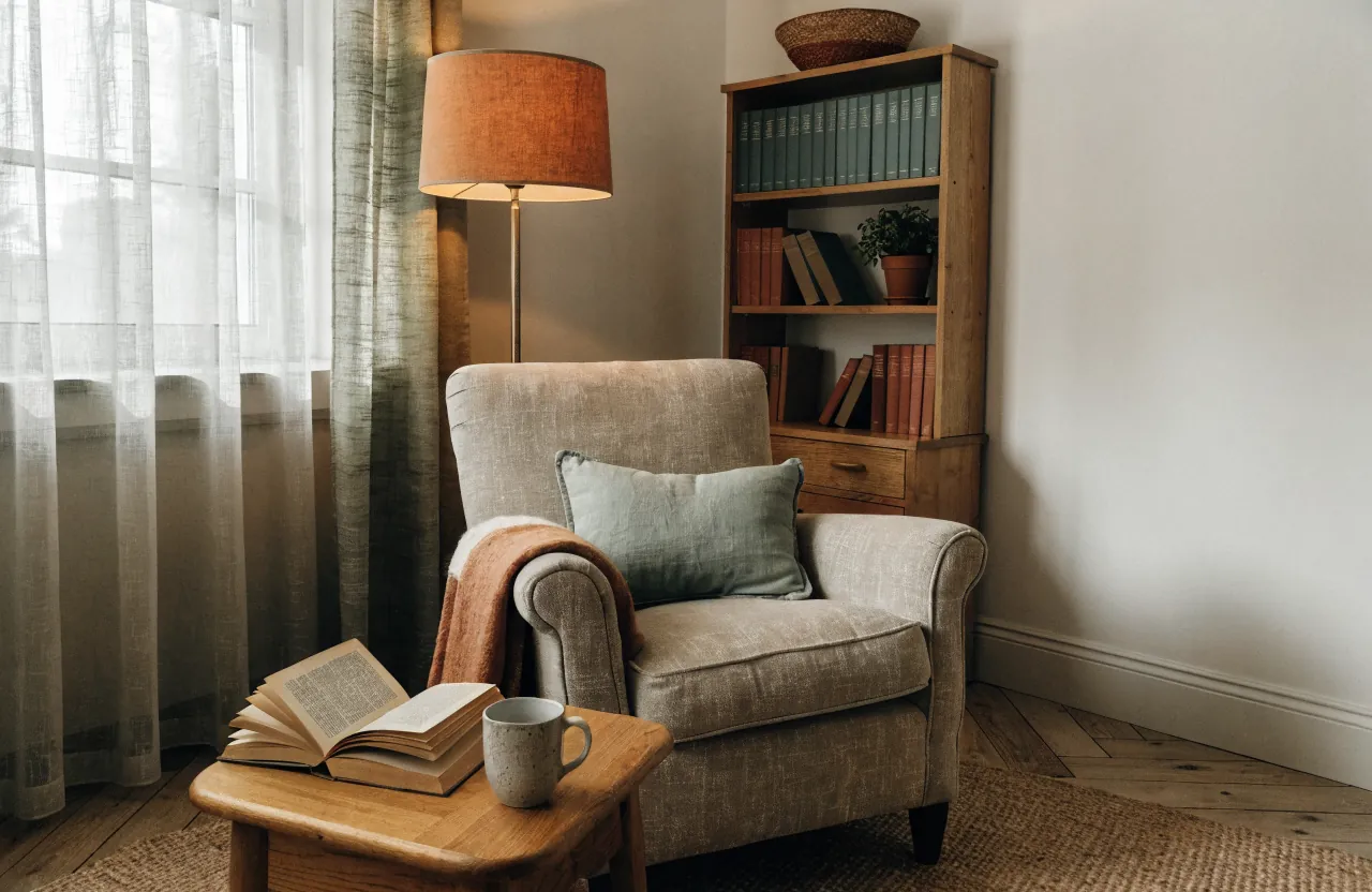 Cozy book corner with an armchair, warm lamp, bookshelf, and natural textures for a quiet home moment