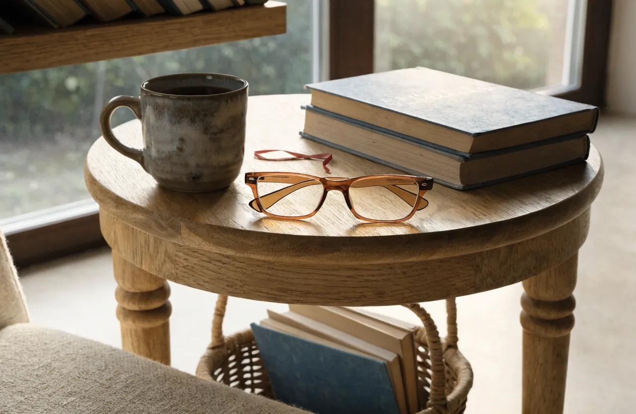 Small side table and book storage within reach in a cozy reading space