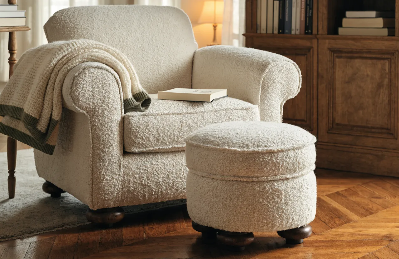 Comfortable reading chair in a cozy book corner with a throw blanket and footstool
