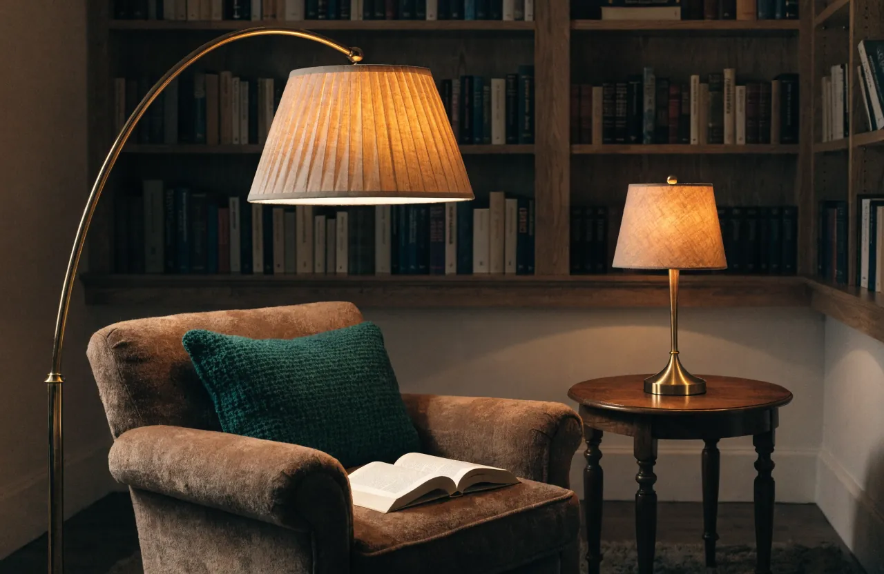 Layered reading nook lighting with a floor lamp, table lamp, and warm evening glow