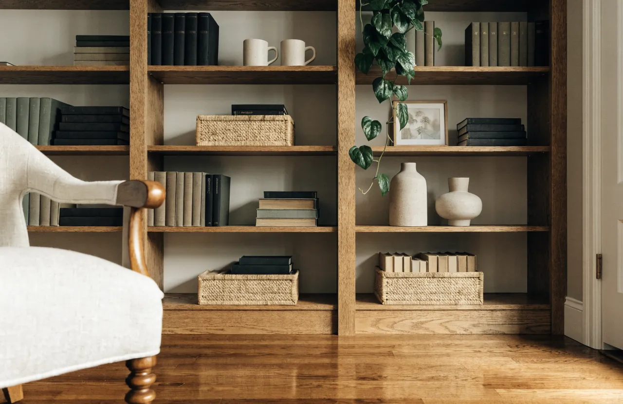 Calm bookshelf decor for a cozy home reading nook
