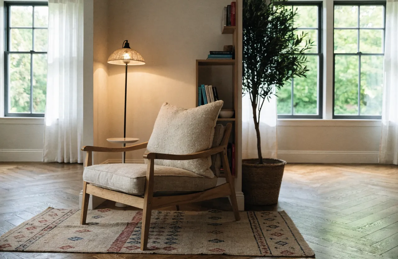Reading nook separated from the room with a slim shelf, plant, and warm lamp